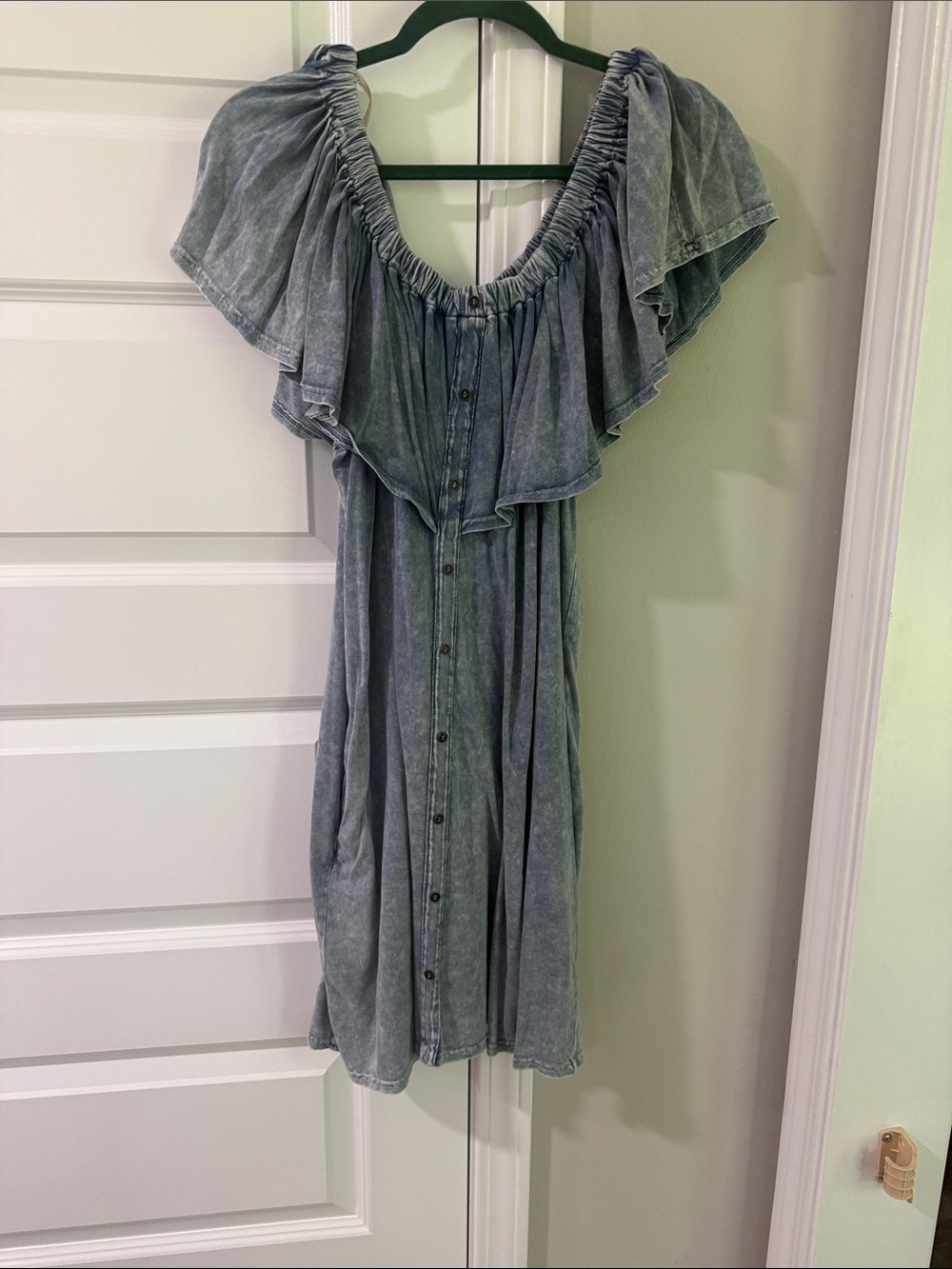 Umgee Washed Blue One-Shoulder Button Dress